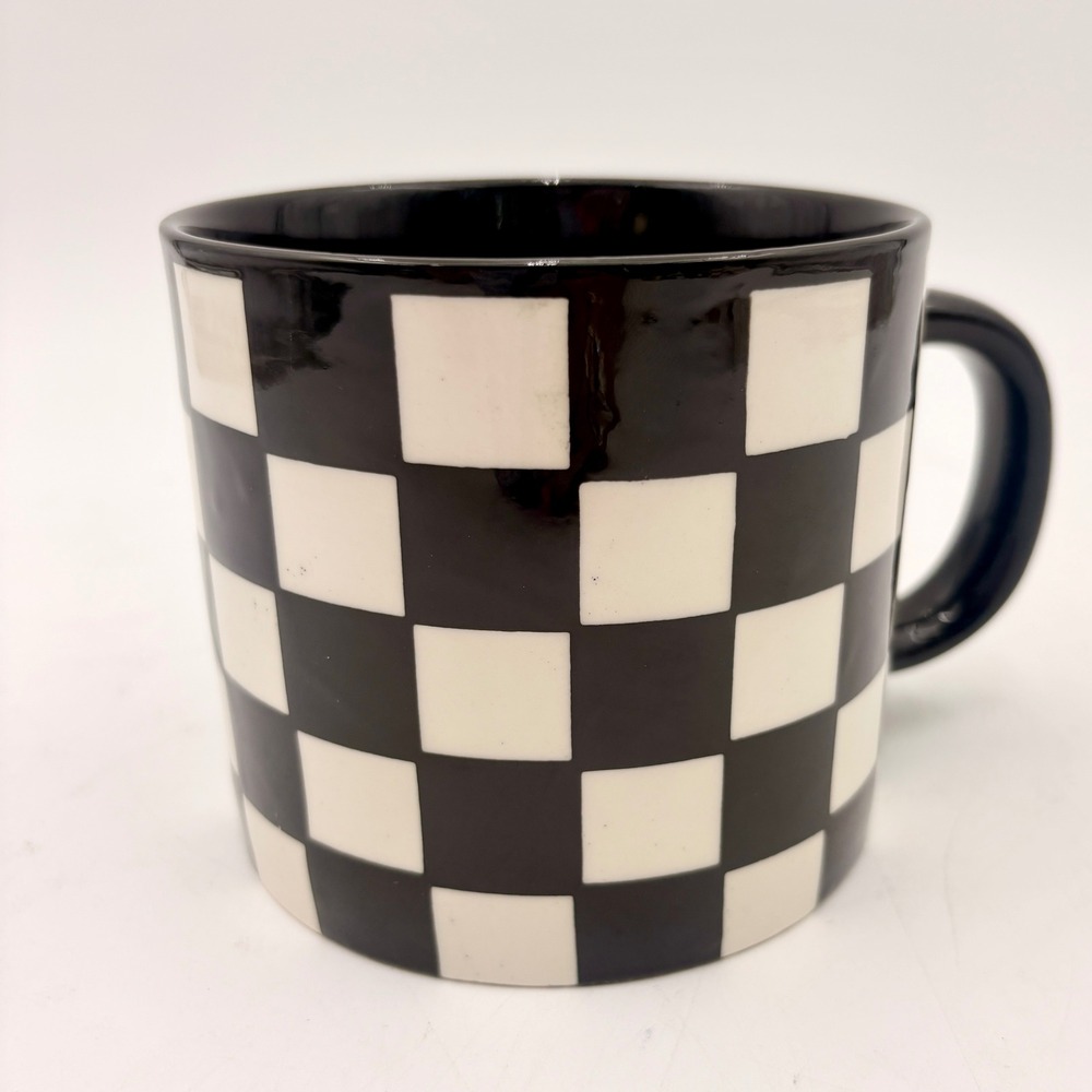 Potter's Studio Black White Checkered Ceramic Coffee Mug Cup Courtly Check